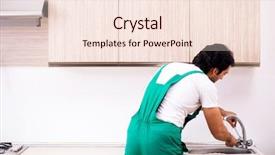  Presentation with safety in kitchen - Beautiful PPT theme featuring tapping tool - young plumber repairing tap backdrop and a lemonade colored foreground