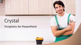  Presentation with plumber - Presentation design featuring tapping tool - young plumber repairing tap background and a lemonade colored foreground