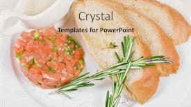  Presentation with salmon fish - Slide set having tar-tar from salmon fish with green onion served with honey sauce and white bread toast background and a lemonade colored foreground