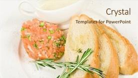  Presentation with salmon fish - Cool new presentation with tar-tar from salmon fish with green onion served with honey sauce and white bread toast backdrop and a cream colored foreground