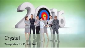  Presentation with business in green - Slide deck having target 2016 - business people against green vignette background and a  colored foreground