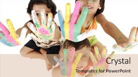  Presentation with children hands - Slides enhanced with target 5 year - children with messy colorful hands background and a coral colored foreground