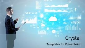  Presentation with company - Colorful slide deck enhanced with target accounts - adviser standing and presenting economical backdrop and a light blue colored foreground