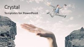  Presentation with suitcase - Amazing theme having target free - young businessman with suitcase jumping backdrop and a light gray colored foreground