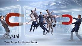  Presentation with magnet - Colorful presentation design enhanced with target hr - businessman in recruitment concept backdrop and a light blue colored foreground