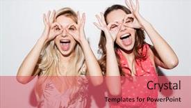  Presentation with women - Cool new PPT layouts with targeted eye - portrait of two smiling women backdrop and a coral colored foreground