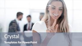  Presentation with on glass board - Slide deck consisting of targeted selection - young businesswoman pushing on glass background and a gray colored foreground