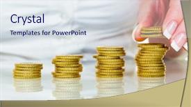  Presentation with save - Colorful slide deck enhanced with tarifs - woman stacked coins save money backdrop and a sky blue colored foreground