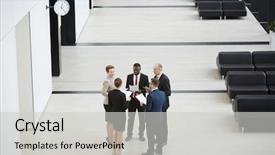  Presentation with financial circle - Audience pleasing presentation design consisting of tarifs trade - circle of elegant business people backdrop and a light gray colored foreground