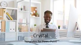  Presentation with brokerage - Presentation theme with tarifs trade - young smiling african-american broker background and a light blue colored foreground