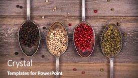  Presentation with processing - Audience pleasing slide set consisting of tarnished silver spoons containing black white pink and green peppercorns over old wood background vintage style processing backdrop and a violet colored foreground