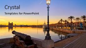  Presentation with sea port - Audience pleasing presentation design consisting of tarragona port sunset with sea backdrop and a light blue colored foreground