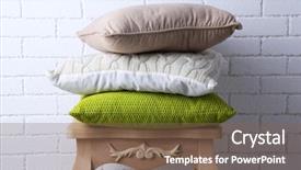  Presentation with white brick wall - PPT layouts enhanced with tartan - pillows on small wooden table background and a violet colored foreground