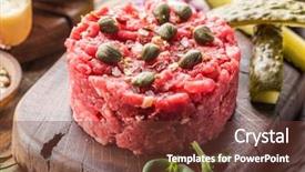  Presentation with steak and pork chops - Slide deck having tartare served with capers pickle background and a tawny brown colored foreground