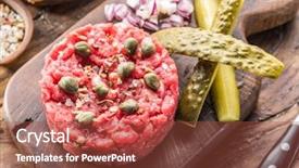  Presentation with steak and pork chops - Slide deck with tartare served with capers pickle background and a tawny brown colored foreground