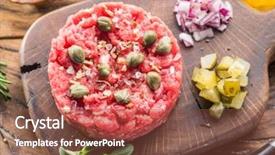  Presentation with steak and pork chops - Presentation design consisting of tartare served with capers pickle background and a tawny brown colored foreground
