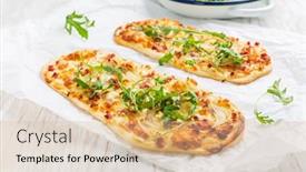  Presentation with white cheese - Presentation having tarte-flambee-flat-bread-flammkuchen background and a lemonade colored foreground