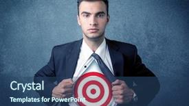  Presentation with chest - PPT theme featuring tartget business - businessman tearing his shirt off background and a ocean colored foreground