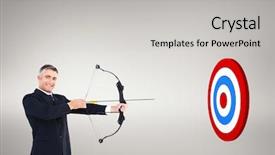  Presentation with bow and arrows for archery - Presentation design having tartget business - smiling businessman stretching a bow background and a light gray colored foreground