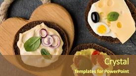  Presentation with wooden board empty table top - Slide set featuring tartin - open faced sandwich canape background and a  colored foreground