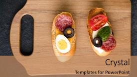  Presentation with wooden board empty table top - Beautiful slides featuring tartin - open faced sandwich canape backdrop and a  colored foreground