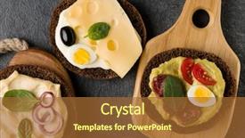  Presentation with wooden board empty table top - Colorful PPT theme enhanced with tartin - open faced sandwich canape backdrop and a  colored foreground