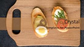  Presentation with wooden board empty table top - Slides with tartin - open faced sandwich canape background and a  colored foreground