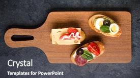  Presentation with wooden board empty table top - Slide deck featuring tartin - open faced sandwich canape background and a dark gray colored foreground