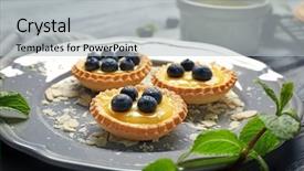  Presentation with delicious in memory - Slide deck having tarts with blueberries and custard background and a light gray colored foreground