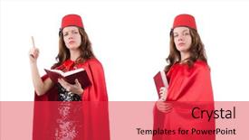  Presentation with arabian woman wearing hijab muslim - Cool new PPT theme with tassel - woman wearing fez hat isolated backdrop and a red colored foreground