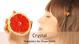  Presentation with taste - Presentation theme having sense taste - young woman with grapefruit's slices background and a coral colored foreground