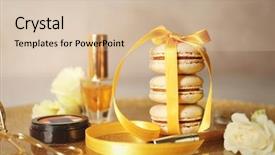  Presentation with accessories - PPT layouts featuring taste buds - tied with ribbon macaroons background and a  colored foreground