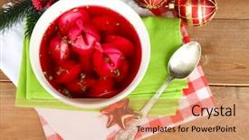  Presentation with traditional musical instruments angklung wood - Beautiful presentation theme featuring taste buds - traditional polish clear red borscht backdrop and a  colored foreground