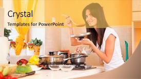  Presentation with taste - Presentation enhanced with taste food - beautiful young housewife background and a yellow colored foreground