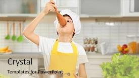  Presentation with cooking equipment kitchen utensils - Amazing PPT layouts having taste food - cute boy cooking in kitchen backdrop and a coral colored foreground