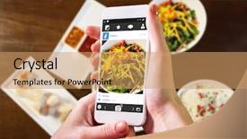  Presentation with components - Slide set consisting of taste food - hand holding smartphone against components background and a coral colored foreground