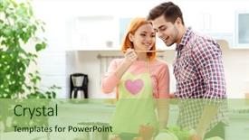  Presentation with cooking equipment kitchen utensils - PPT theme with taste food - happy couple cooking salad background and a mint green colored foreground