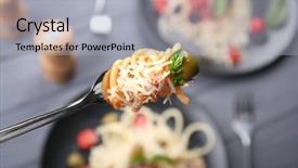  Presentation with olive orchard - Colorful PPT layouts enhanced with taste food - pasta on fork with olive backdrop and a light gray colored foreground