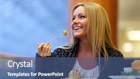  Presentation with oil rig desert - Colorful PPT theme enhanced with taste food - woman eat desert in caffe backdrop and a ocean colored foreground