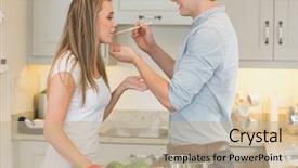  Presentation with sauce - Colorful presentation design enhanced with taste food - woman tasting sauce from pot backdrop and a  colored foreground