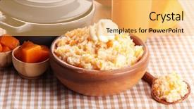  Presentation with taste - PPT layouts consisting of taste rice porridge with pumpkin and glass of juice on tablecloth background background and a yellow colored foreground