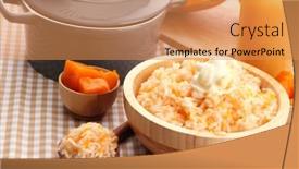  Presentation with taste - Beautiful presentation theme featuring taste rice porridge with pumpkin and glass of juice on tablecloth background backdrop and a gold colored foreground