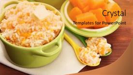  Presentation with taste - Audience pleasing presentation consisting of taste rice porridge with pumpkin in saucepans on wooden background backdrop and a gold colored foreground