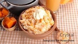  Presentation with taste - Cool new PPT theme with taste rice porridge with pumpkin and glass of juice on tablecloth background backdrop and a coral colored foreground