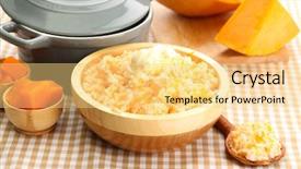  Presentation with taste - Presentation design enhanced with taste rice porridge with pumpkin in bowl on tablecloth background background and a yellow colored foreground
