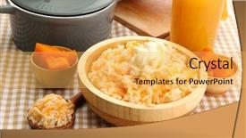  Presentation with taste - Audience pleasing slides consisting of taste rice porridge with pumpkin and glass of juice on tablecloth background backdrop and a yellow colored foreground