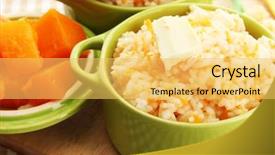  Presentation with taste - Amazing theme having taste rice porridge with pumpkin in saucepans on tablecloth background backdrop and a yellow colored foreground