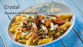  Presentation with pasta - PPT theme consisting of tasteful - pasta carbonara and vegetables background and a light blue colored foreground