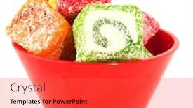  Presentation with sweet candy - Presentation theme having tasteful sweet turkish delight candy isolated over white background and a red colored foreground