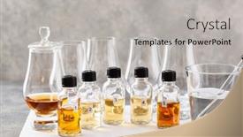  Presentation with brandy - Colorful presentation design enhanced with tasting-bottles-and-glasses backdrop and a light gray colored foreground